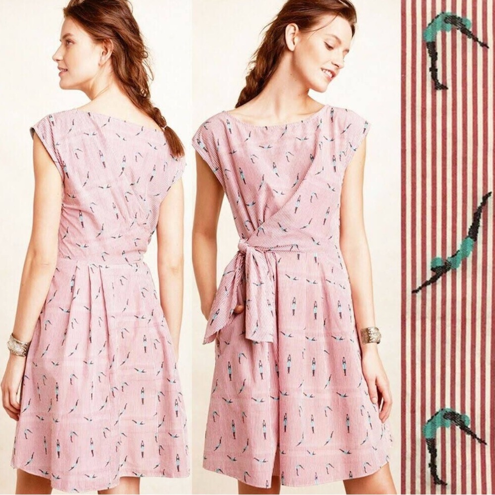 Anthropologie Maeve Bathing Beauty Dress 6 Retro Swimmers Red Stripe Waist Tie